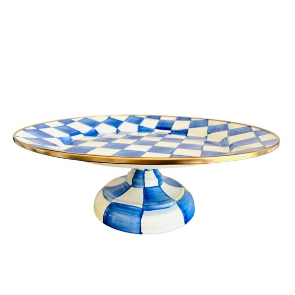 NIB MacKenzie Childs Royal Check 12 Inch Pedestal Platter Blue Enameled Steel - Picture 1 of 8